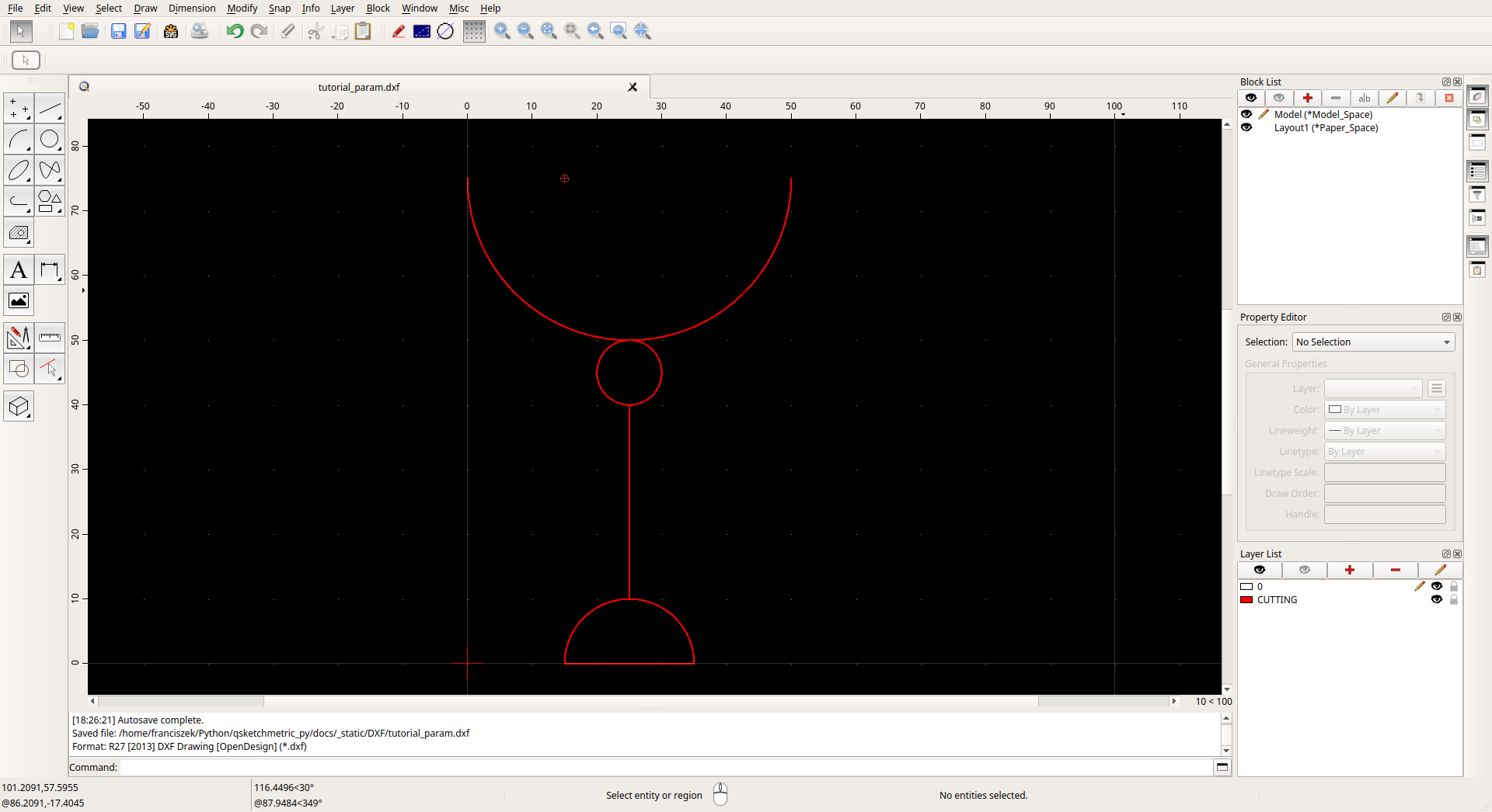 QCAD Professional with `tutorial_param.dxf` opened